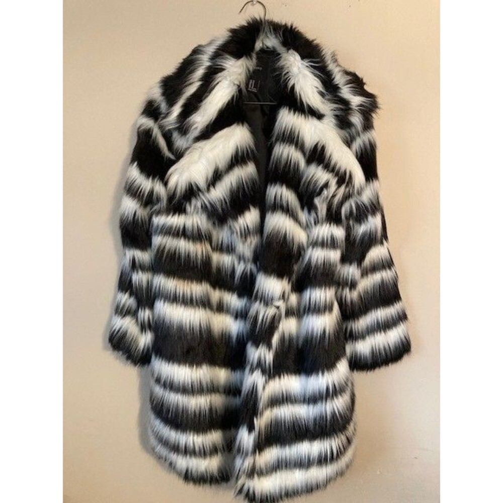 Vintage FOREVER 21 Women's Black/White Faux Fur Open-Front Coat - M - UK IMPORT